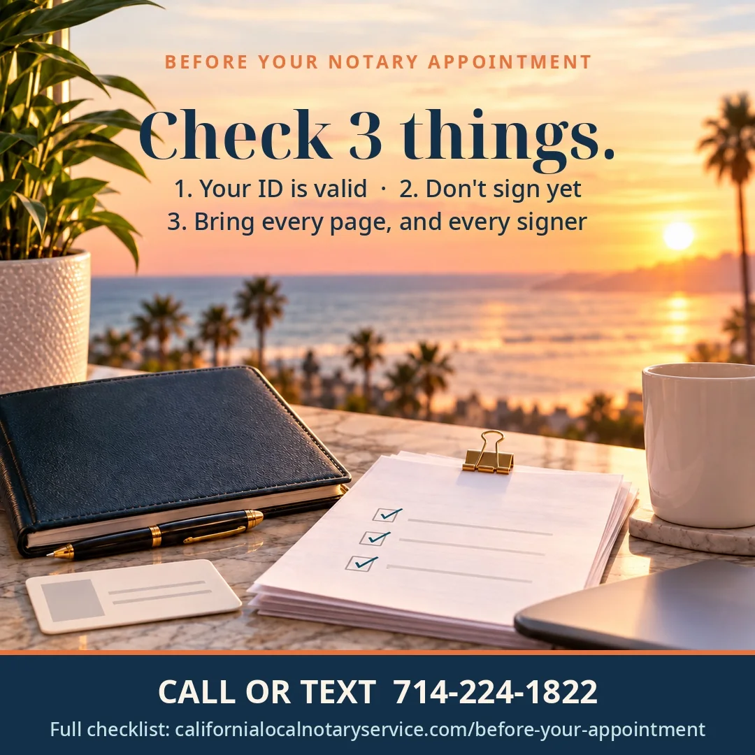 Before your notary appointment, check three things: your ID, signing instructions, and that you have every page and every signer. Call or text 714-224-1822.