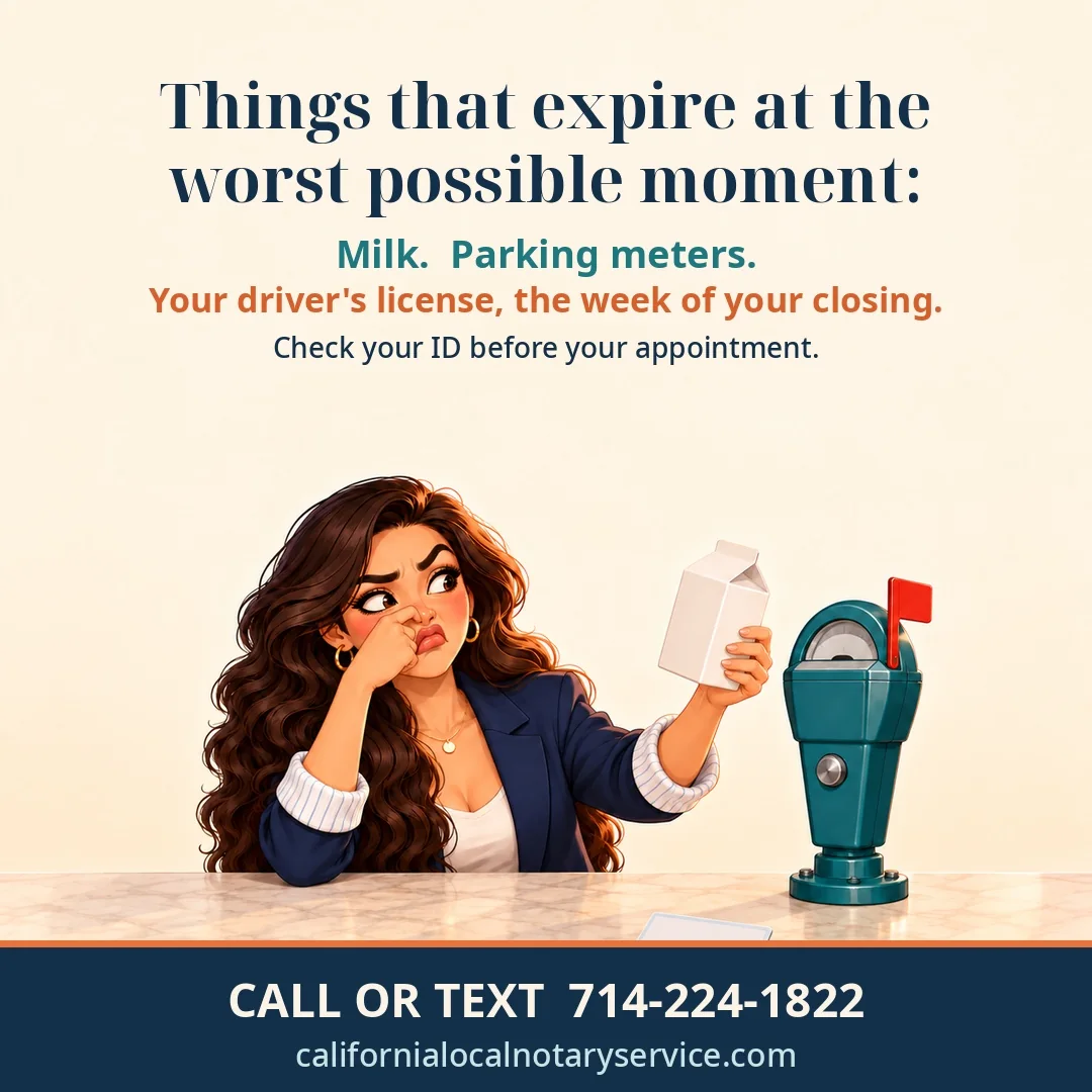Things that expire at the worst possible moment: milk, parking meters and your driver's license. Check your ID before your appointment. Call or text 714-224-1822.